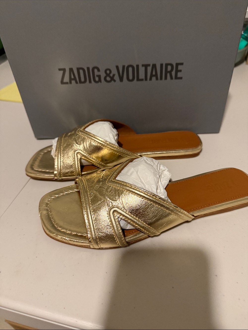 Zadig & Voltaire Metallic Gold Leather Slide Mules